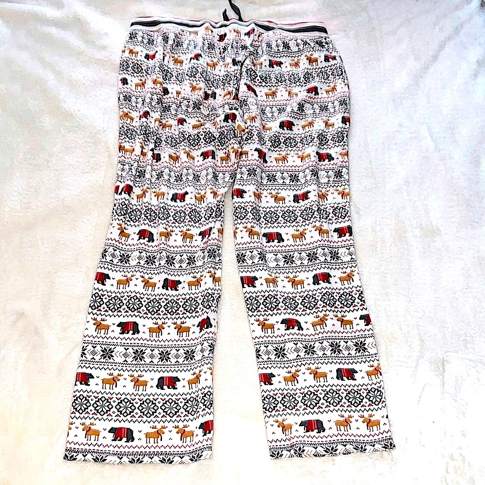 PJ SALVAGE 🫎🦌 WHITE/RED COTTON MOOSE DEER BEAR SNOWFLAKE THERMAL PAJAMA PANTS 2X - Picture 3 of 8